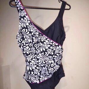 TROPICAL ESCAPE ONE PIECE SWIM SUIT BLACK AND WHITE FLORAL PRINT PINK TRIM 14